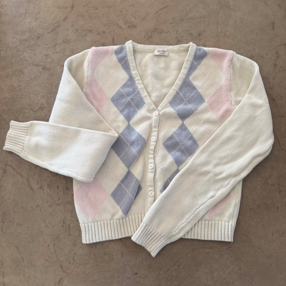 John Galt Brandy Melville Argyle Cardigan Sweater Cream Pink Blue Cotton MH341